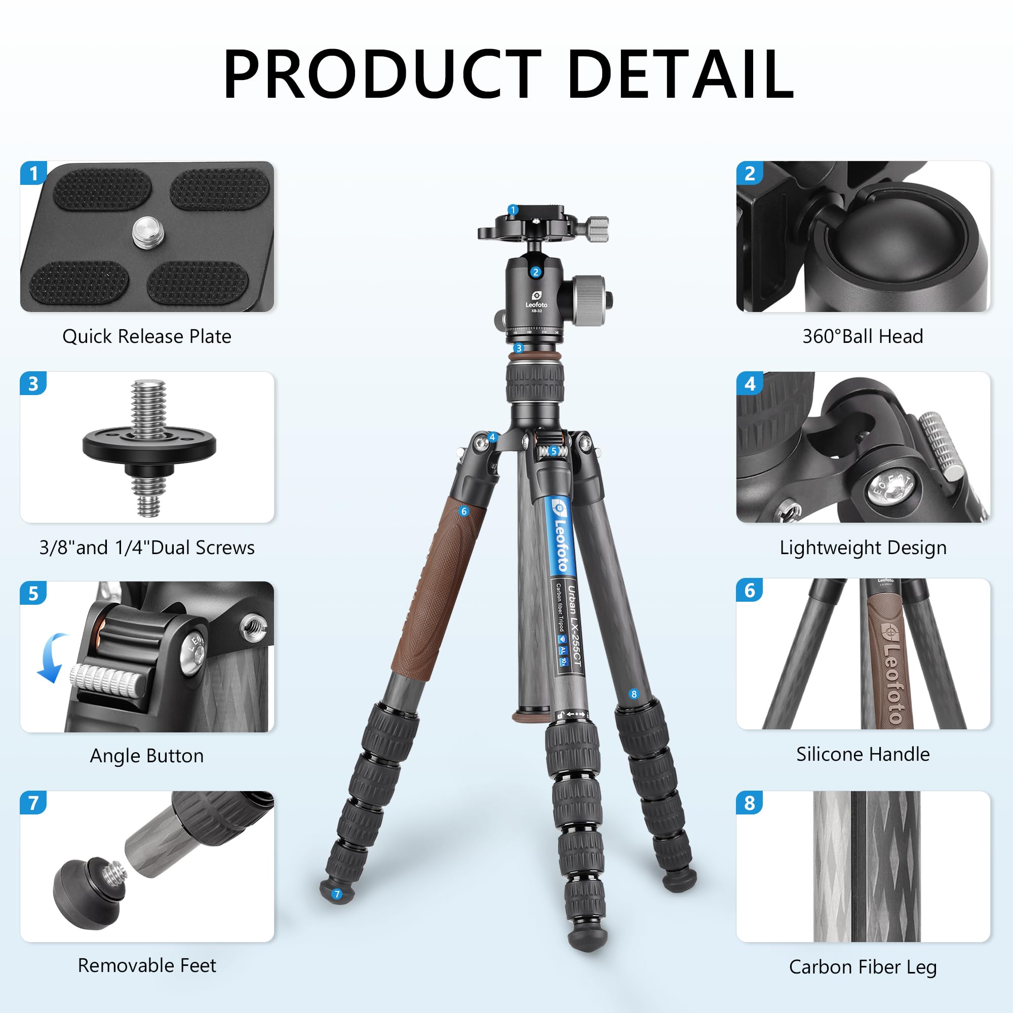 Leofoto Carbon Fiber Lightweight Travel Tripod With 360° Ball Head, Reverse Folding, Removable Center Column, Folded Height 36Cm, Maximum Load 8Kg (Lx-255Ct+Xb-32)