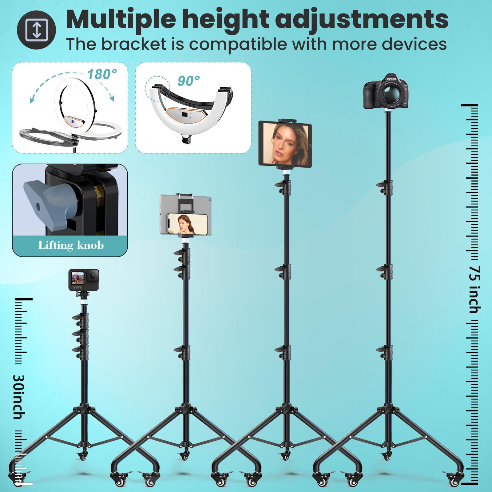 Mactrem 22" Foldable Ring Light With Stand For Iphone Ipad, 75" Tripod With Wheels 50W 6500K Led Display/2 Usb Ports Large Ringlight Rolling, Tattoo Barber Makeup Studio Video Photography Lighting