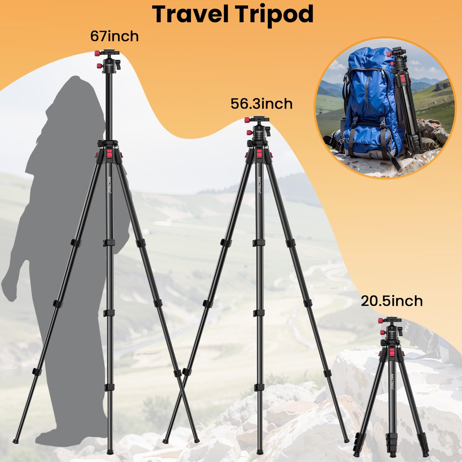 Mactrem Camera Tripod, 67 Inch/170Cm Travel Tripod & Monopod With 360°Ball Head, Heavy Duty Tripod For Smartphone Ipad Canon Nikon Sony Binoculars