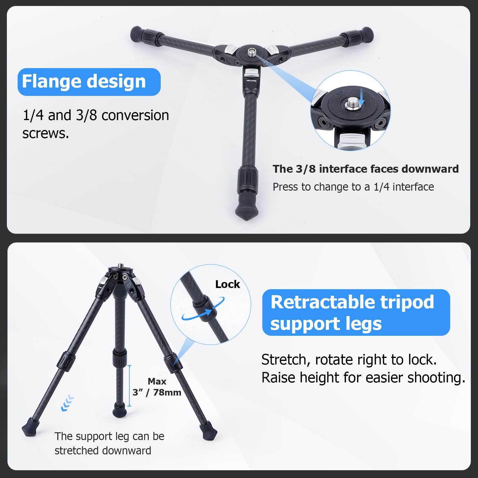 Mechrig Carbon Fiber Tripod With 3-Stage Angle Adjustment, Retractable Lightweight Handheld Stand For Dslr Mirrorless Camera Vlogging – 1/4” Screw & Snow-Ready Spiked Feet-6