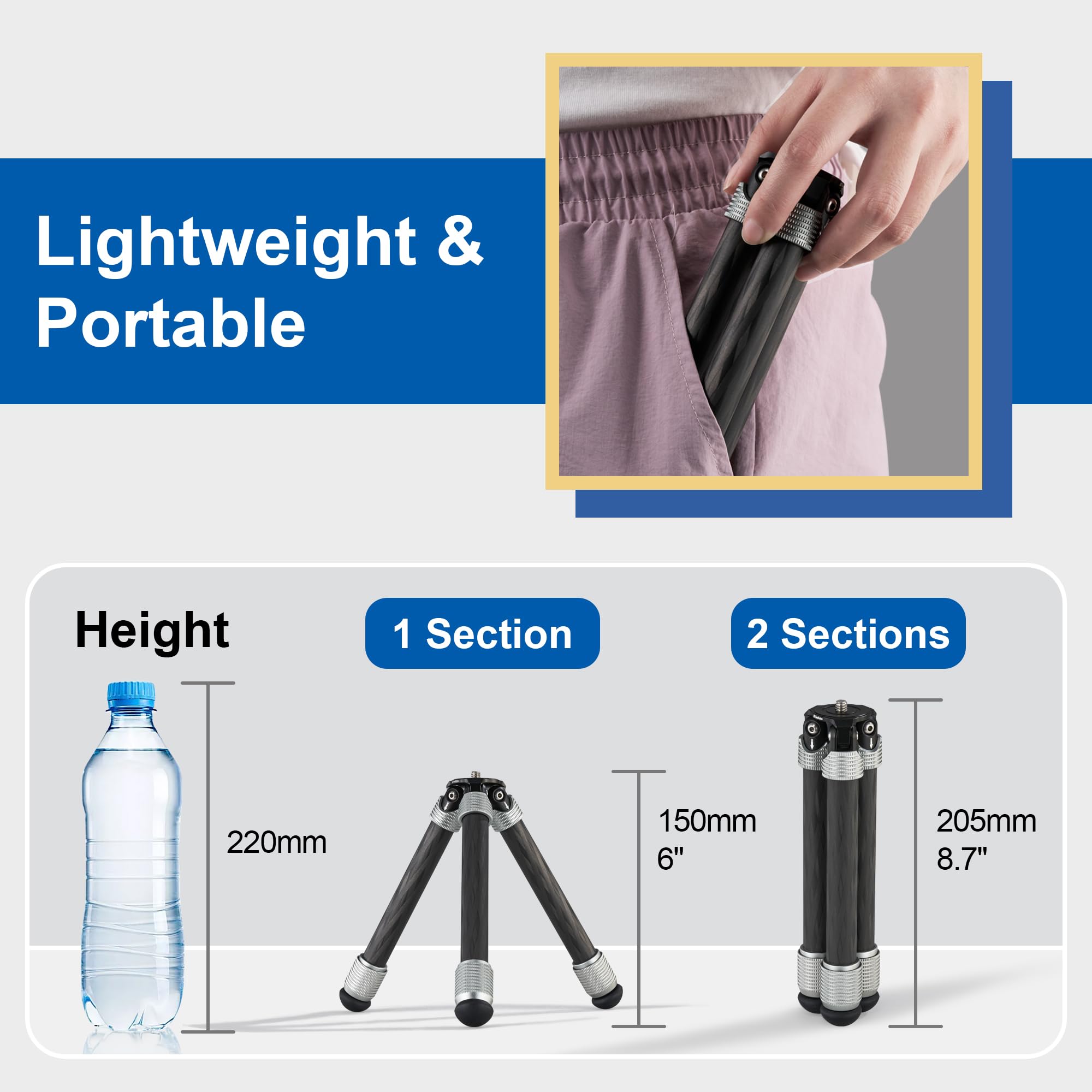 Leofoto Carbon Fiber Small Tabletop Travel Tripod, Weight 108G/0.23Lb, Maxload 5Kg/11Lb, Lightweight Tripod Stand, 1/4" Inch Screw, For Camera/Phone Holder/Projector/Live Stream Light (Mt-02Cl)