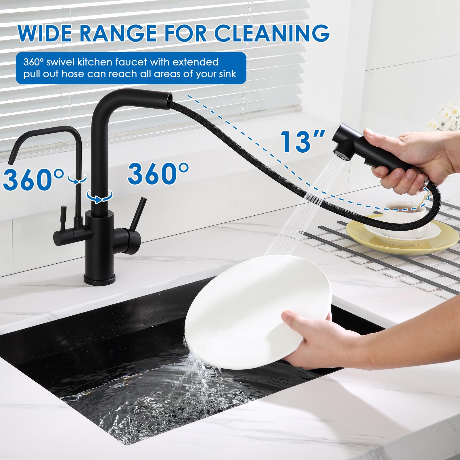 Rovogo Kitchen Faucet With Filtered Drinking Water Spout And Pull Out Sprayer, Dual Handle Single Hole, Stainless Steel, Black