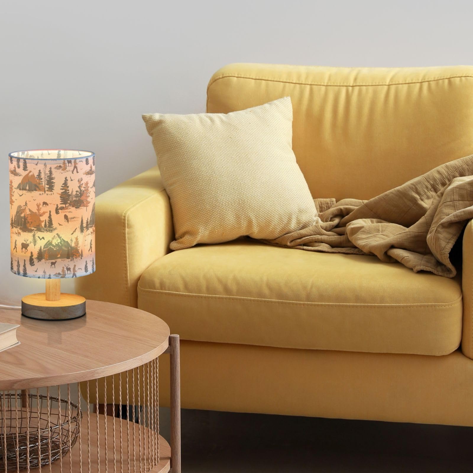 Fustylead Bear Elk Mountain Outdoor Themed Table Lamp For Bedroom Usb Port Lamps Small Accent Table Lamp Nightstand Lamp Study Linen Shade With Wooden Base, Decorative Lamps For Bedside Reading|Kids|Dorm|Home