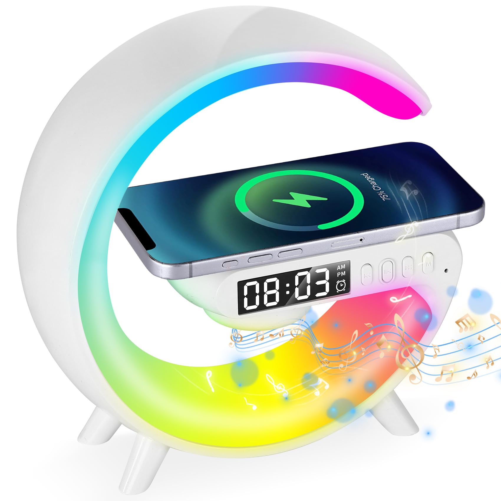Lawyuan Wireless Speaker With Alarm Clock Night Light Led Lamp With Charger, Mini G Atmosphere Lamp With Bluetooth Speaker, Night Light Lamp Sunrise Alarm Clock, Smart Light Sound Machine For Bedroom (Black)