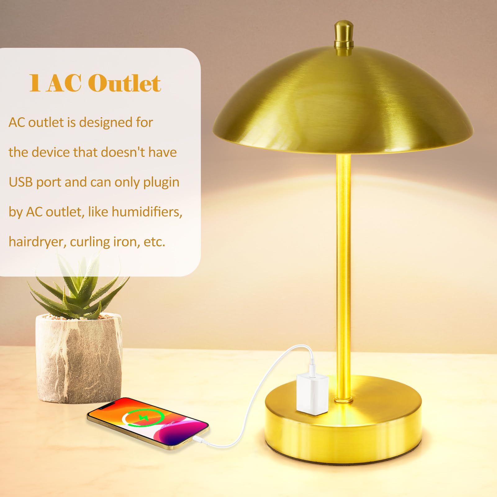 Ejiaxin Modern Led Desk Lamp With Ac Adapter,12" 3-Way Dimmable Touch Bedside Reading Lamp, Minimalist Gold Small Nightstand Table Lamp With Mushroom Dome Shade For Bedroom Living Room Office, Bulb Included