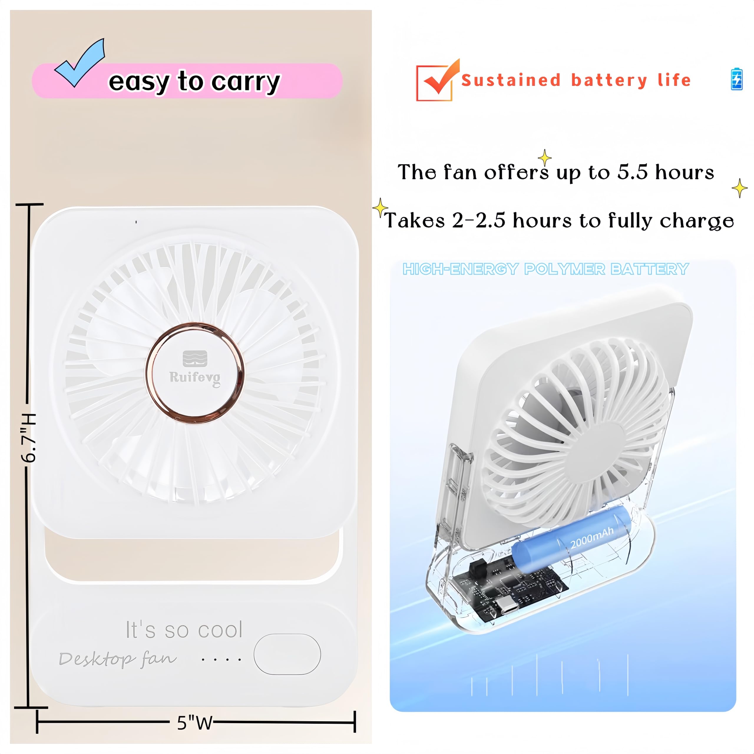 Usb Desk Fan, 5 Inch Personal Fan Small Portable Table Fan With 90° Tilt Folding And 3 Speeds