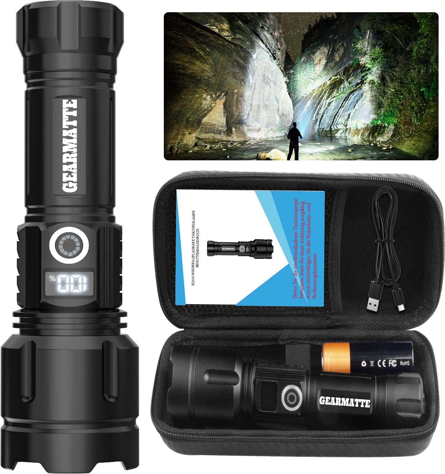 Gearmatte Utility Flashlights High Lumens,Super Bright Led Flashlight Rechargeable With Battery,5Modes,Waterproof Handheld Flashlights For Emergency Outdoor Camping (1 Pack)