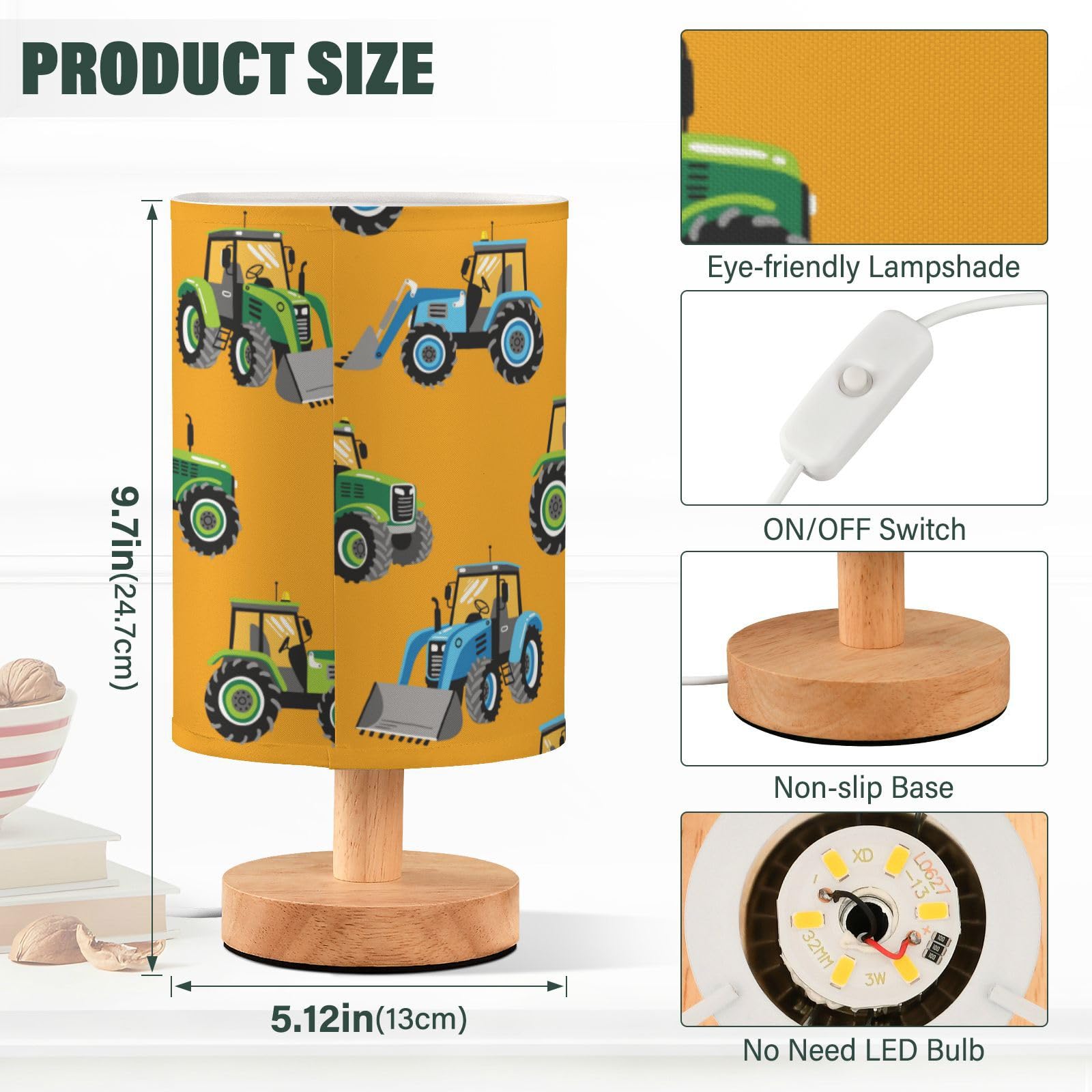 Frodotgv Night Lamp Light Table Lamp Unique Hand Drawn Tractor Yellow Lamps For Kids Dorm Room
