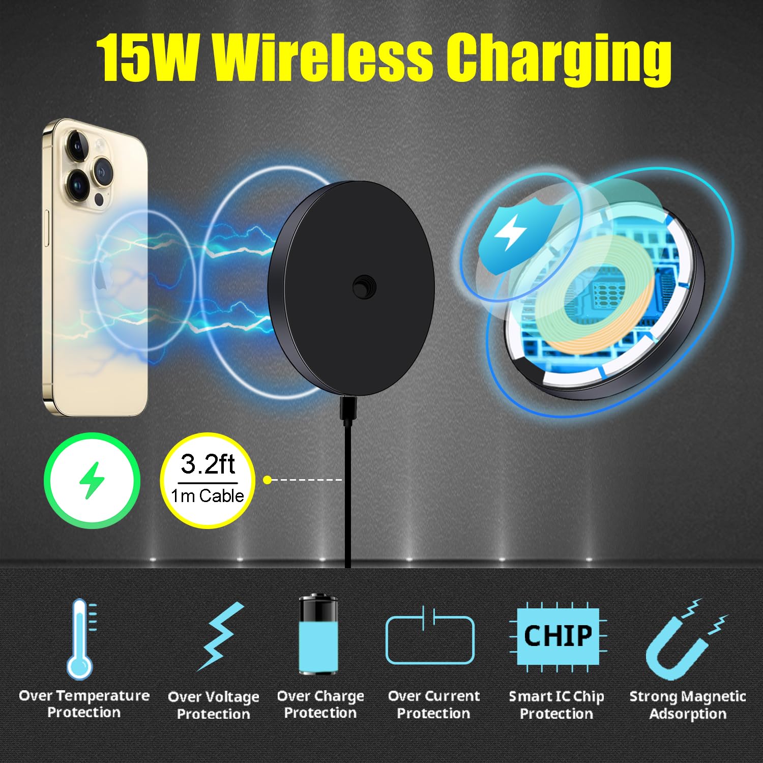 Hafoko Ha-W08 Magnetic Selfie Stick Wireless Charging Tripod Magnetic Wireless Charging Mount Desktop Smartphone Extension Tripod Magnetic Holder W Magic Arm Compatibel For Iphone 15/14/13/12
