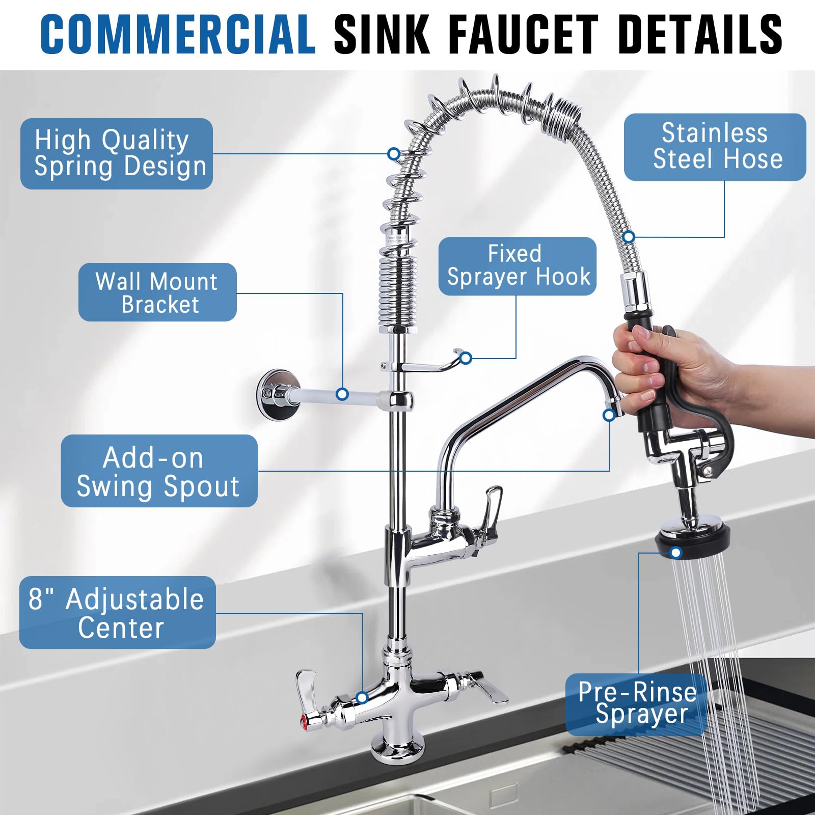 Bzimak 21" Height Commercial Sink Faucet Deck Mount With Pre-Rinse Sprayer, Commercial Kitchen Faucet With 8" Add-On Swing Spout Faucet & Spring Pull Down Sprayer, 8" Adjustable Center Kitchen Faucet