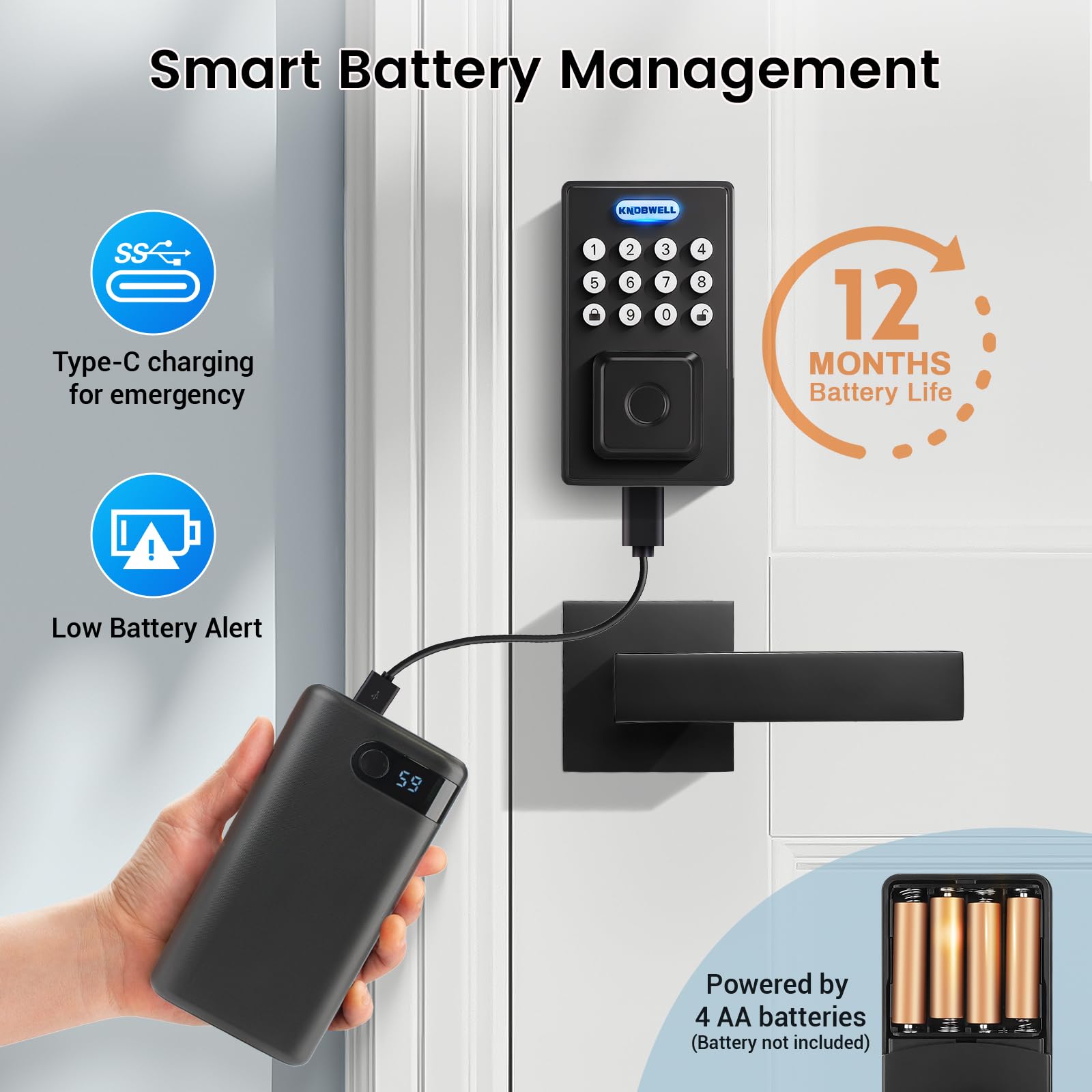Knobwell Smart Fingerprint Door Lock With Lever Handle, Keyless Entry, Biometric Keypad, Electronic Deadbolt Lock，Matte Black