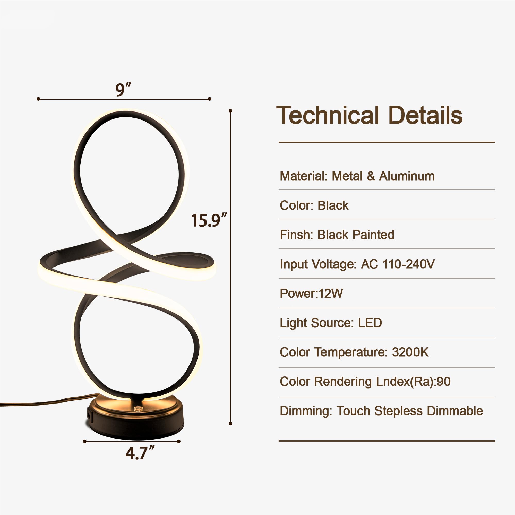 Mayful Modern Led Spiral Table Lamp,Black Touch Control Bedside Lamp With Usb Charging Ports,Contemporary Stepless Dimmable Nightstand Lamp For Bedroom Living Room Home Office,12W, 3200K Warm White