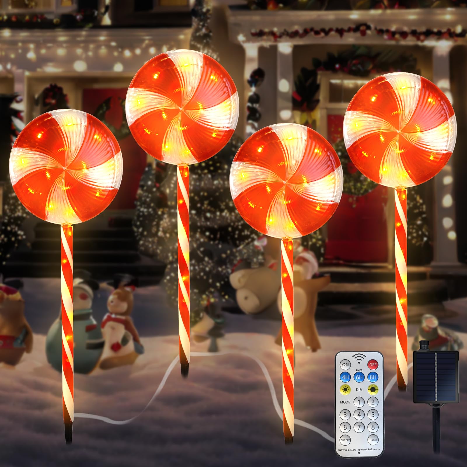 Lonfypeng Candy Christmas Decorations Pathway Outdoor Solar Lights, 29 Inches 80 Led Lollipop With 8 Modes Waterproof String, Outdoor For Yard Patio Walkway - 4Pcs