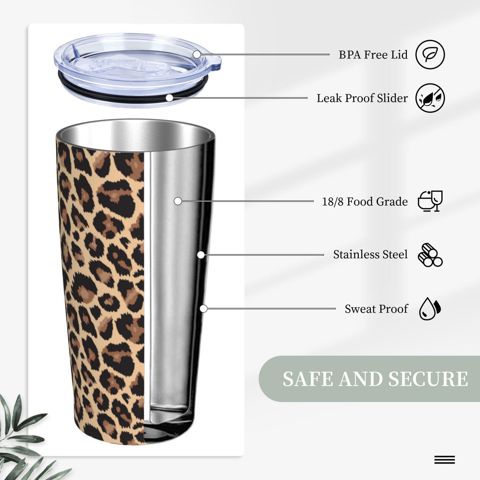 Leopard Print Tumbler, Cheetah Cup With Lid And Straw, 20 Oz Stainless Steel Insulated Water Bottle
