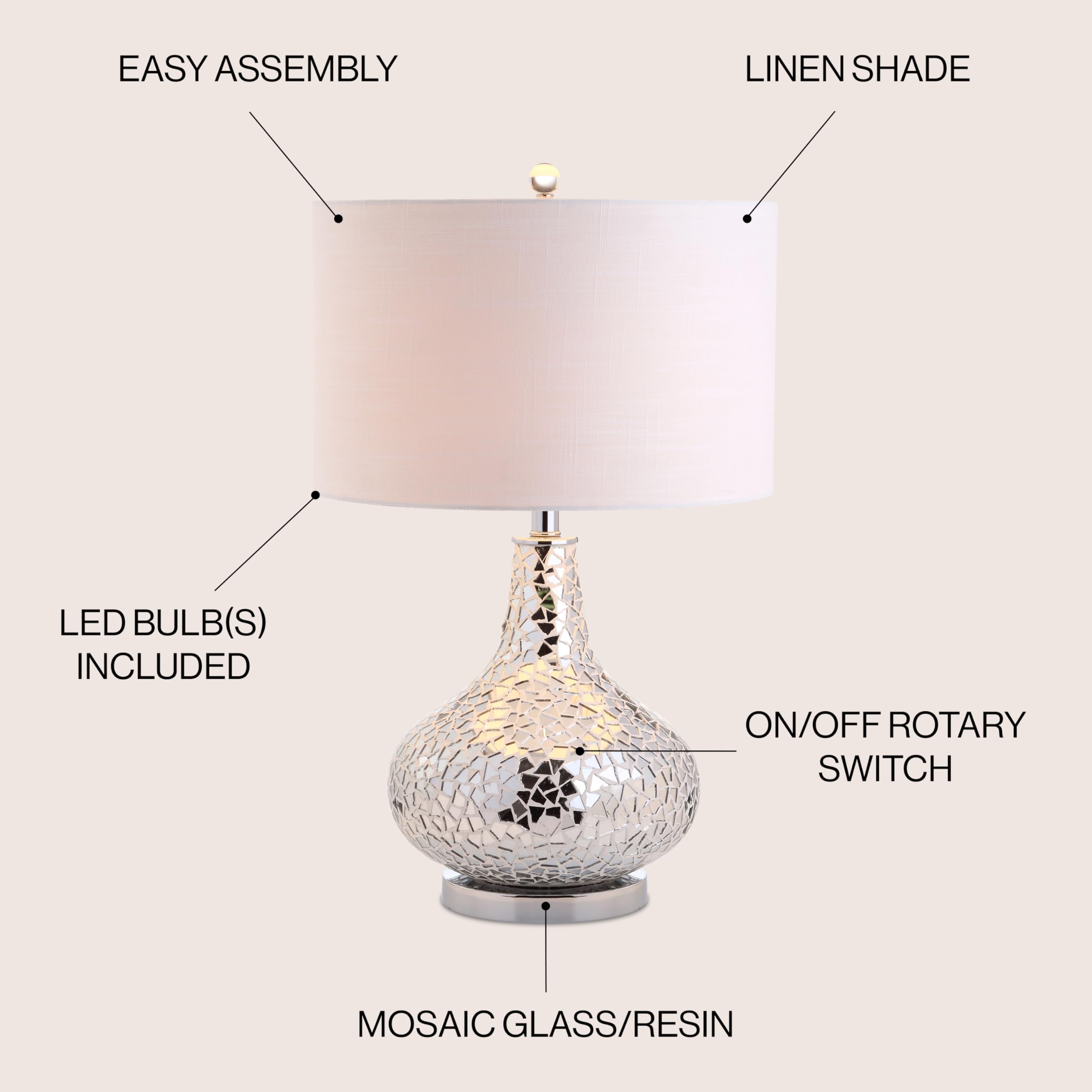 Jonathan Y Jyl1056A Emilia 26" Mirrored Mosaic Led Table Lamp Contemporary Glam Bedside Desk Nightstand Lamp For Bedroom Living Room Office College Bookcase Led Bulb Included, Silver