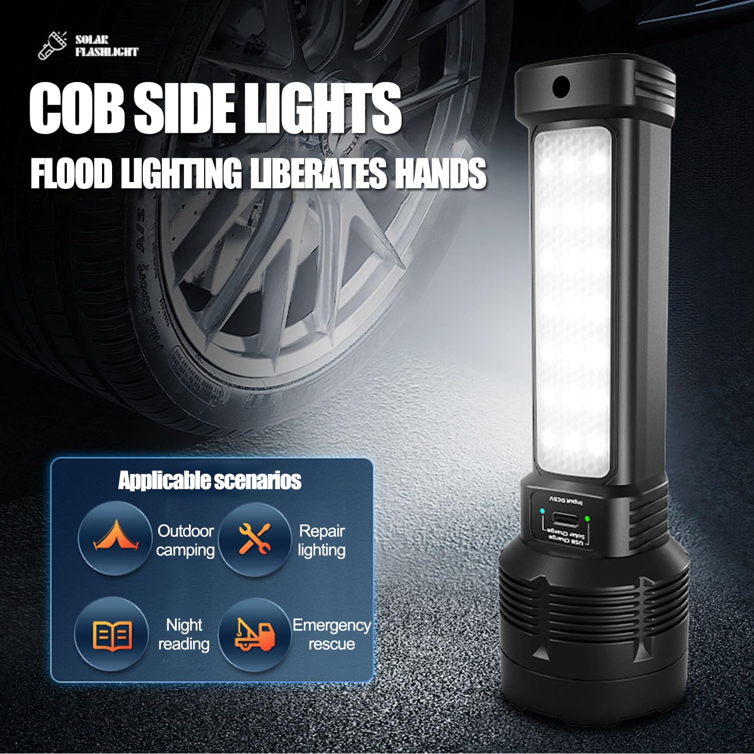 Mviocs Led Flashlight Solar/Rechargeable, Powerful Flashlight Torch With 3 Modes, Super Bright Small Led Flash Light Waterproof,Adjustable Brightness For Camping,Outdoors,Emergency
