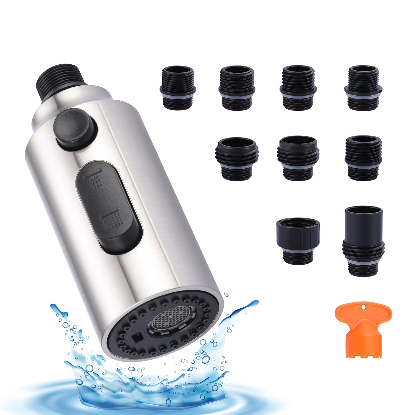 Iviga Pull Down Faucet Sprayer Head Replacement, Brushed Nickel 3 Function Pull Out Spray Nozzle With 9 Adapters For Kitchen Sink Faucet, American Standard For Moen Kohler Delta G1/2 Male Connector