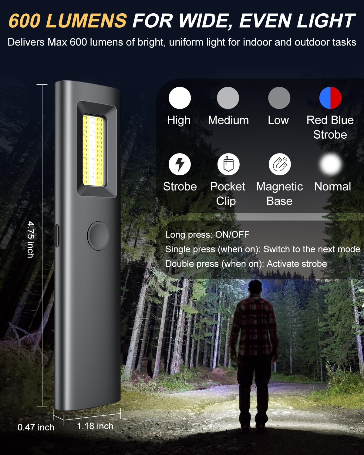 Yuspakone Rechargeable Flat Edc Flashlight - 600 Lumens White Light, Side Light With Red/Blue Strobe, Magnetic Base, Clip - For Repairing, Camping, Hiking