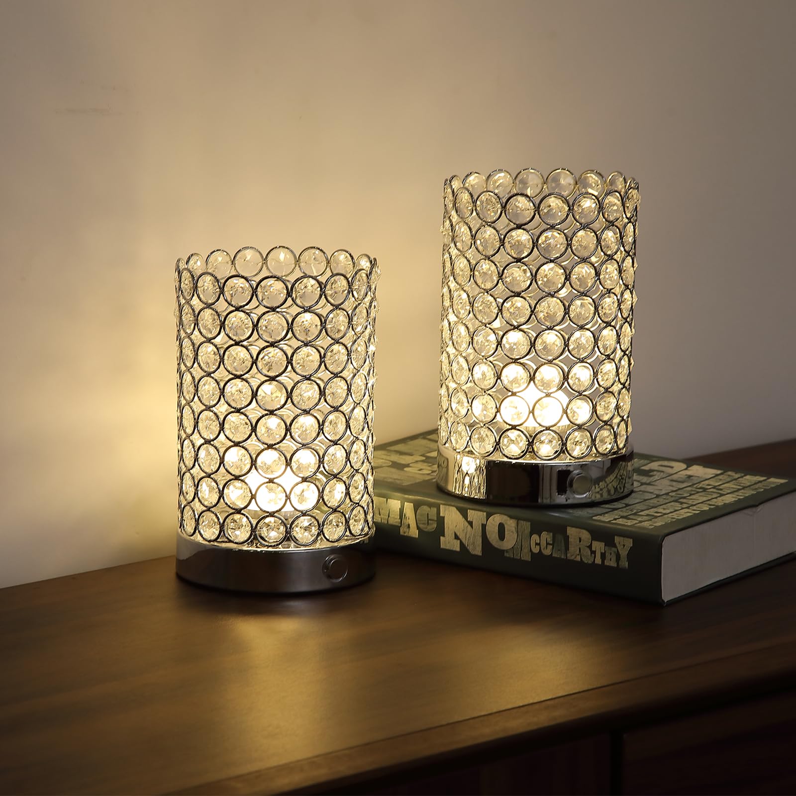 Briglusear 2 Pack Battery Operated Crystal Table Lamps,Small Cordless Rechargeable Lamp With 3 Color Temperature,Chrome Portable Led Bedside Night Light For Living Room Bedroom Kitchen Dining Room