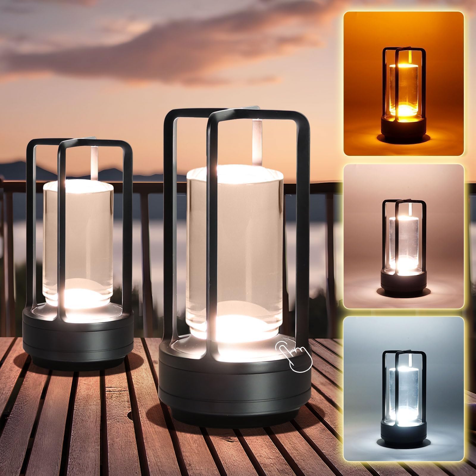 Czgor Crystal Lantern Lights Set Of 2, Battery Operated Rechargeable Cordless Crystal Table Lamp With 3-Color, Small Led Desk Lamp For Indoor/Outdoor Patio Camping Bedroom Bar Restaurant(Black)