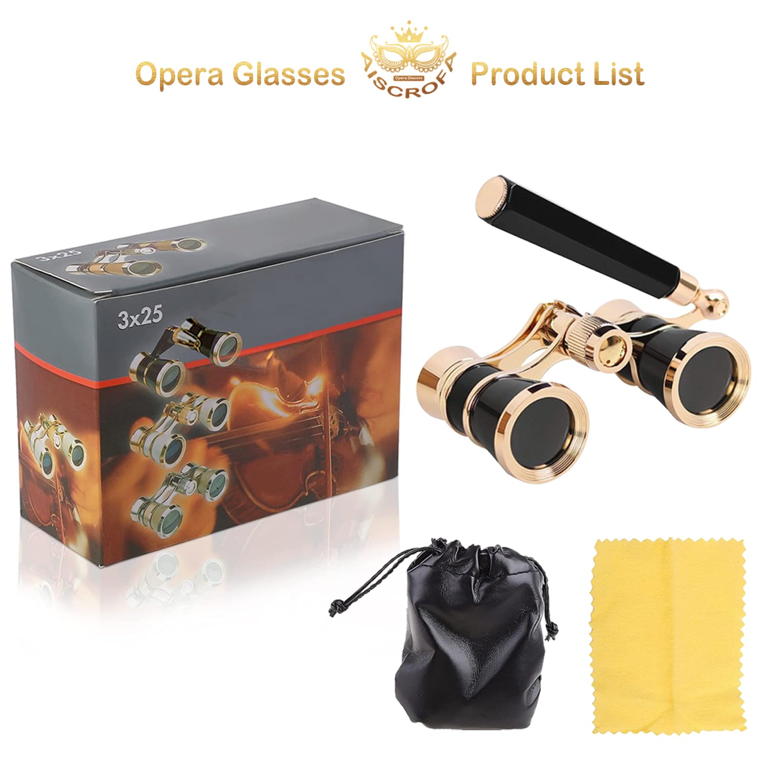 Aiscrofa Opera Glasses,3X25 Theater Binoculars With Foldable And Extendable Handle,Mini Binocular Compact Lightweight,Portable Theater Glasses For Adults Kids Women In Musical Concert