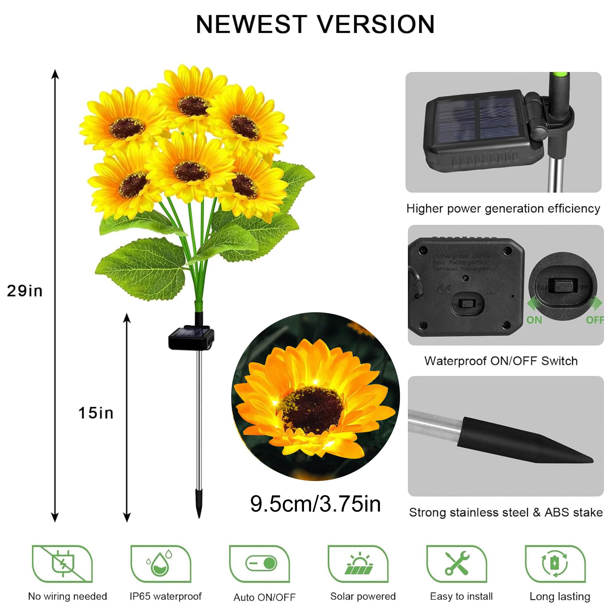 Yulloyello 2 Pack With 12 Solar Sunflower Garden Lights Warm White Led Outdoor Decorative Stake Lights For Yard, Patio, Lawn, Pathway, Ip65 Waterproof, Ideal Gift For Women, Mom, Grandma, Friends