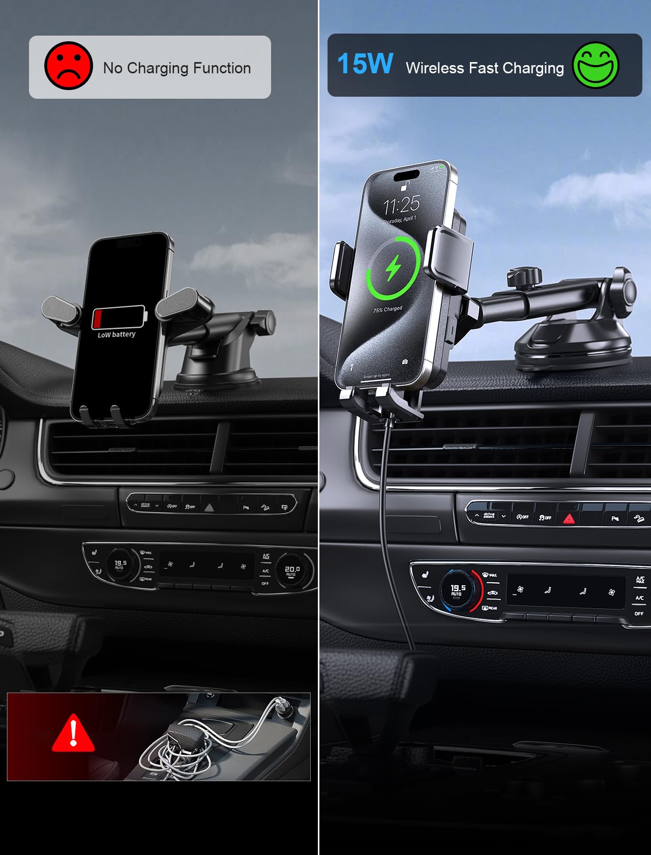 Mokpr Wireless Car Charger, 15W Fast Charging Auto Clamping Dashboard Windshield Air Vent Car Phone Holder With Led Light Car Charger For Iphone 16 15/14/13/12 Pro Max Plus, Samsung S23/S22/S21,Etc