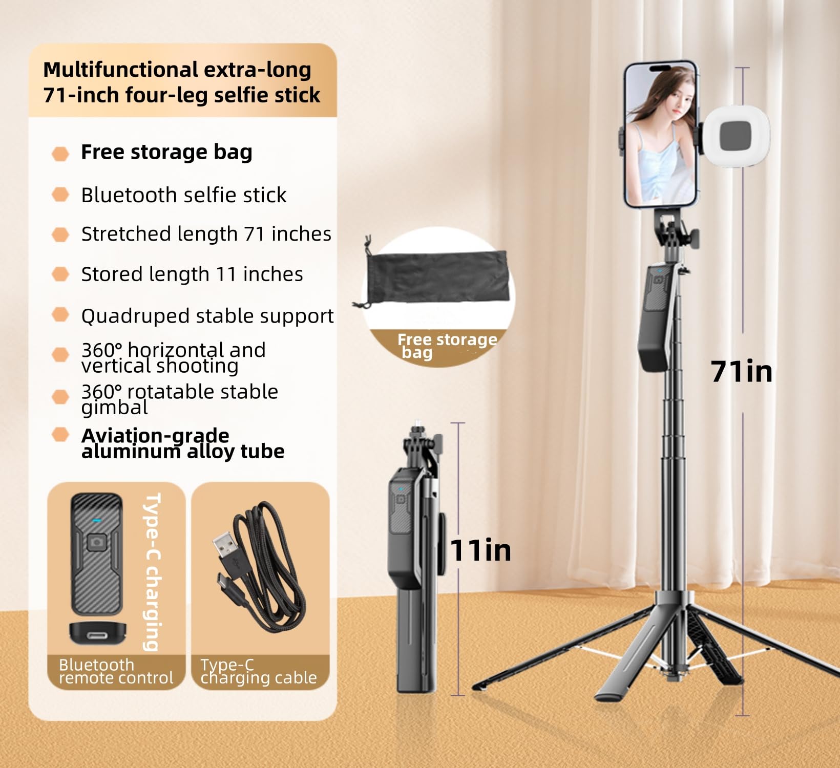 Xlrpat 70-Inch 4-Legged Selfie Stick For Phones And Cameras, Portable Travel Stand Holder, Rechargeable Remote Control, 360° Rotation, Compatible With Iphone And Android Systems And Cameras. Black