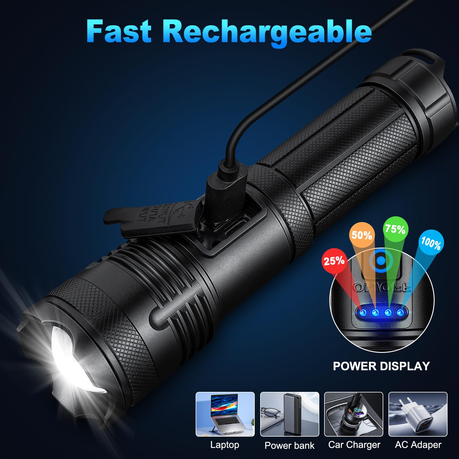 Kingcaesar Flashlights 3000 High Lumen - 2 Pack, Ultra Bright Rechargeable Flashlight With 7 Light Modes, Led Flash Light With 2  2750 Mah Βattery, Ipx7 Waterproof For Home Camping