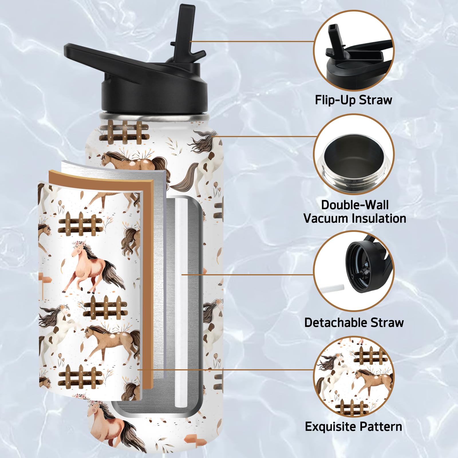 Horse Water Bottles With Straw, 32 Oz Insulated Stainless Steel Tumbler Cup Mug Horse