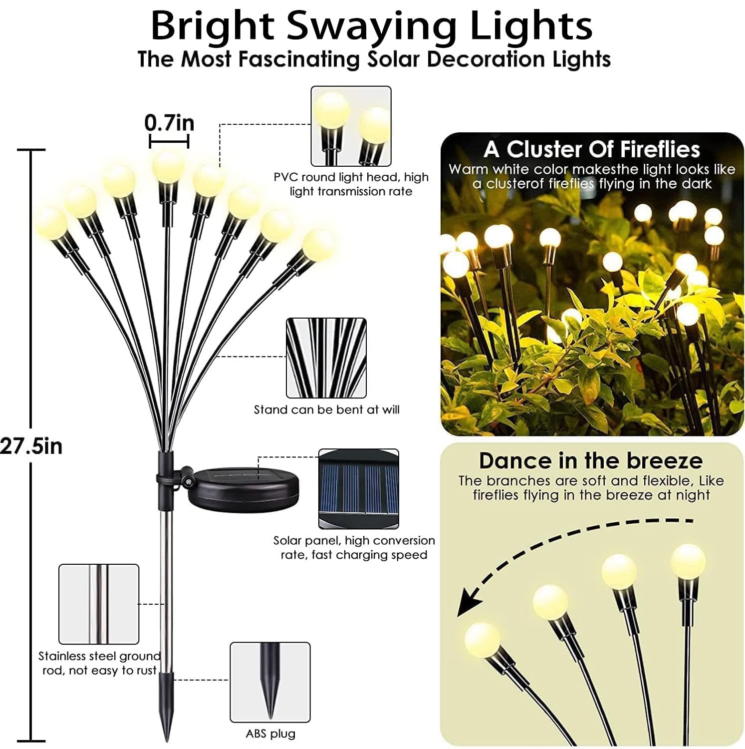 Ozs 6Pack Total 48Led Solar Garden Lights -Solar Lights Outdoor, Solar Firefly Lights, Sway By Wind, Solar Fairy Lights Outdoor Waterproof For Patio Pathway Garden Decor(Warm White)
