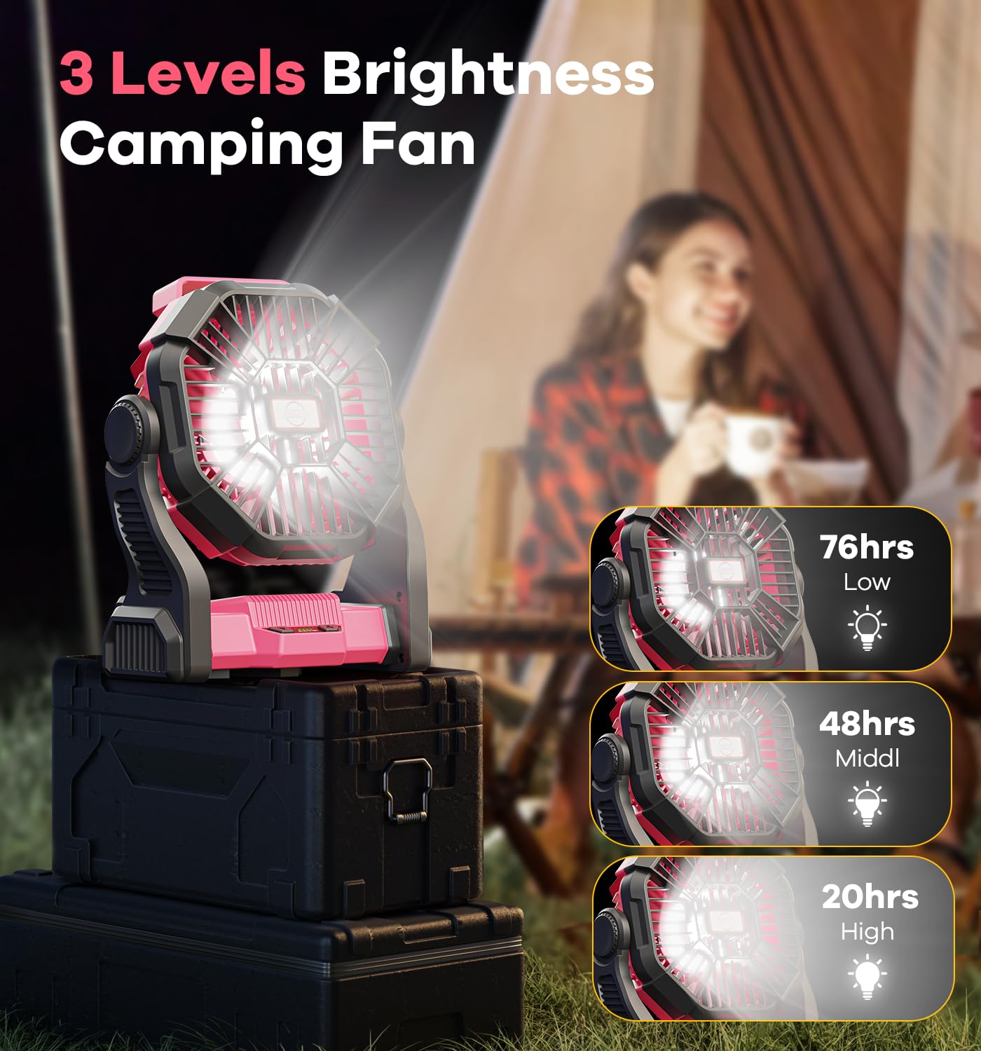 Camping Fan With Led Lantern, 20000Mah Portable Rechargeable Battery Powered Table Fan With Hook