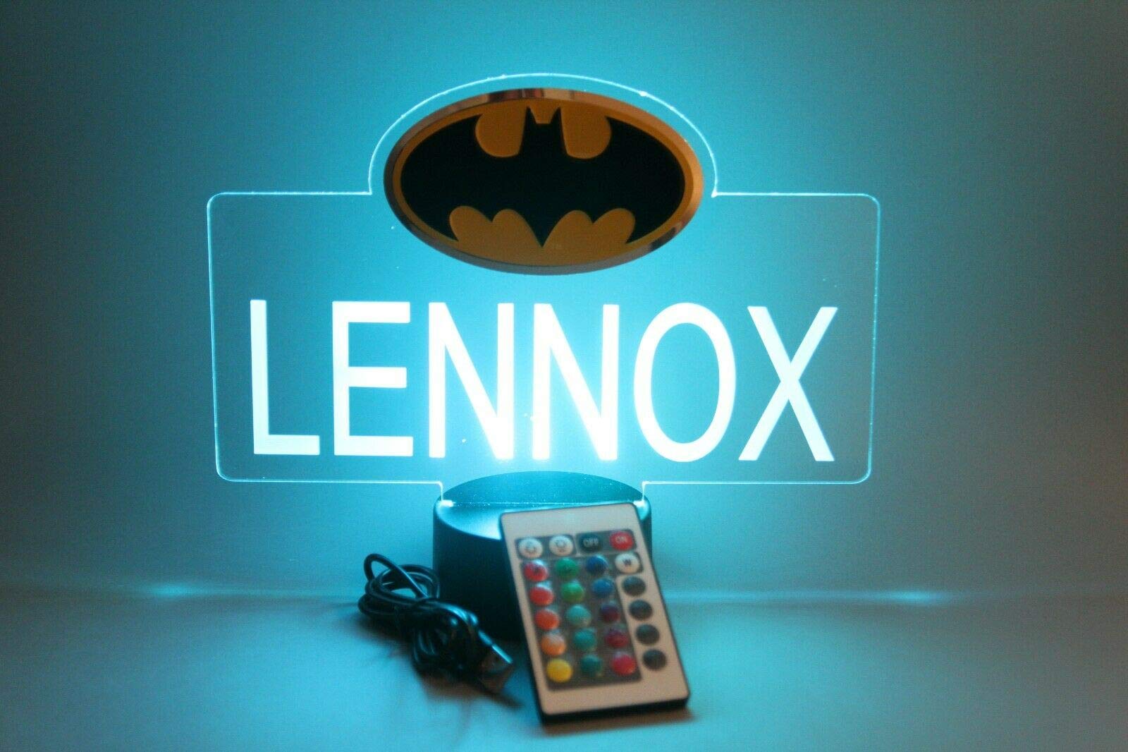 Personalized By Billy Batman Bat Man Superheroes Night Light Up Led Table Lamp Energy Efficient Boys Home Room Decor, Personalized Engraved, With Remote, 16 Color Options, A Must Have Multicolor