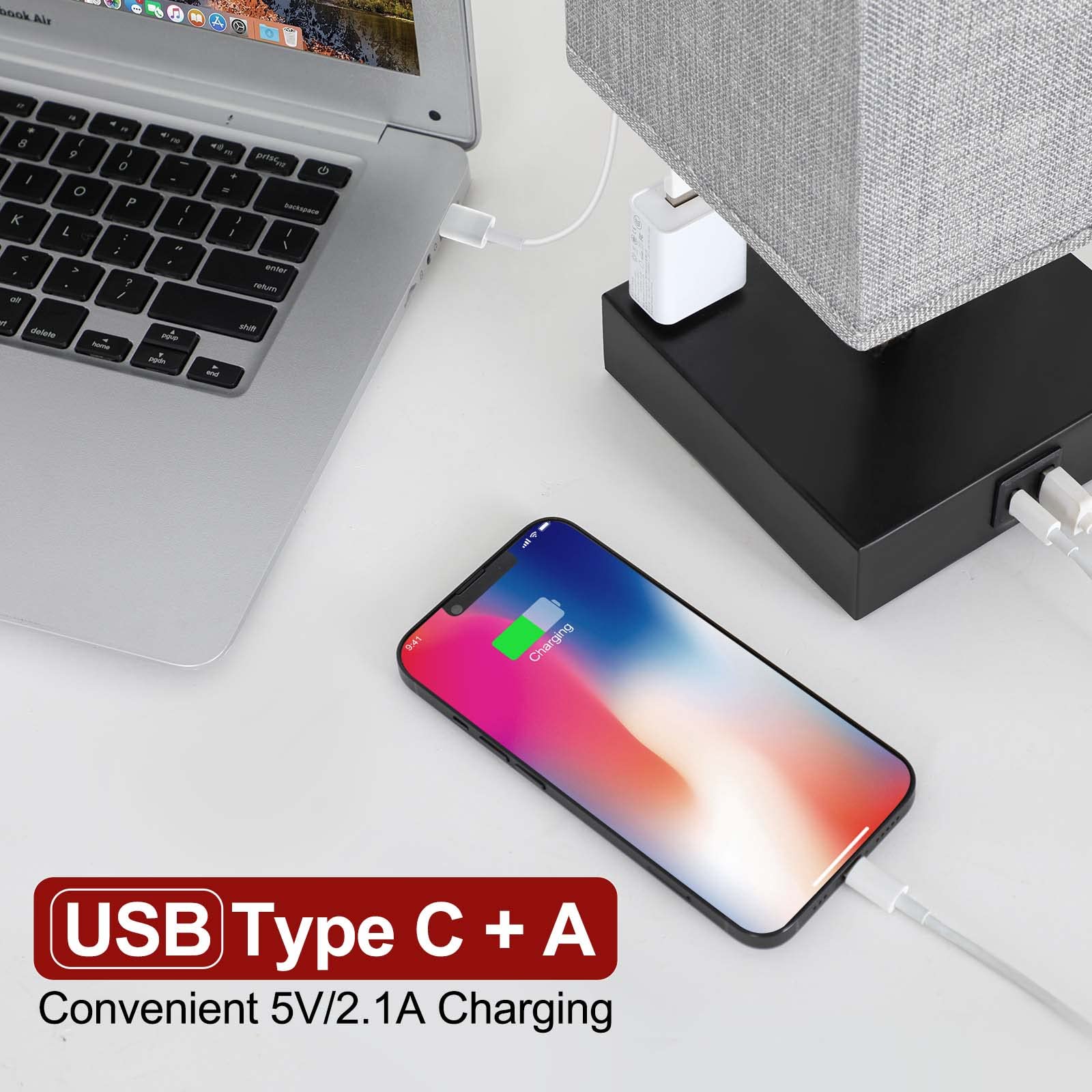 Soilsiu Bedside Table Lamp For Bedroom - Touch Small Lamp With Usb C+A Charging Ports & Ac Outlets, 3 Way Dimmable Nightstand Light For Living Room (Led Bulb Included, Grey)