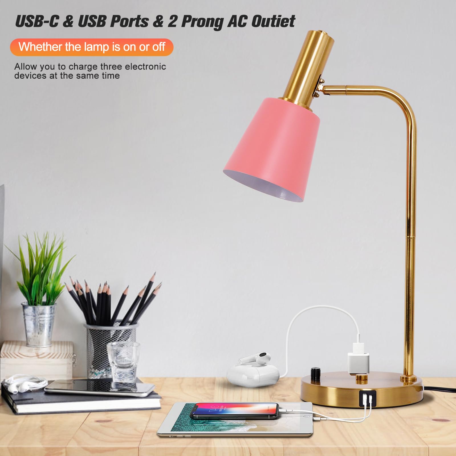 Beaysyty Pink Bedroom Lamp For Nightstand, Dimmable Bulb Table Lamp With Usb C And A Ports, Bedside Light With Ac Outlet For Kids Girls, Desk Lamp With Brass Metal Base