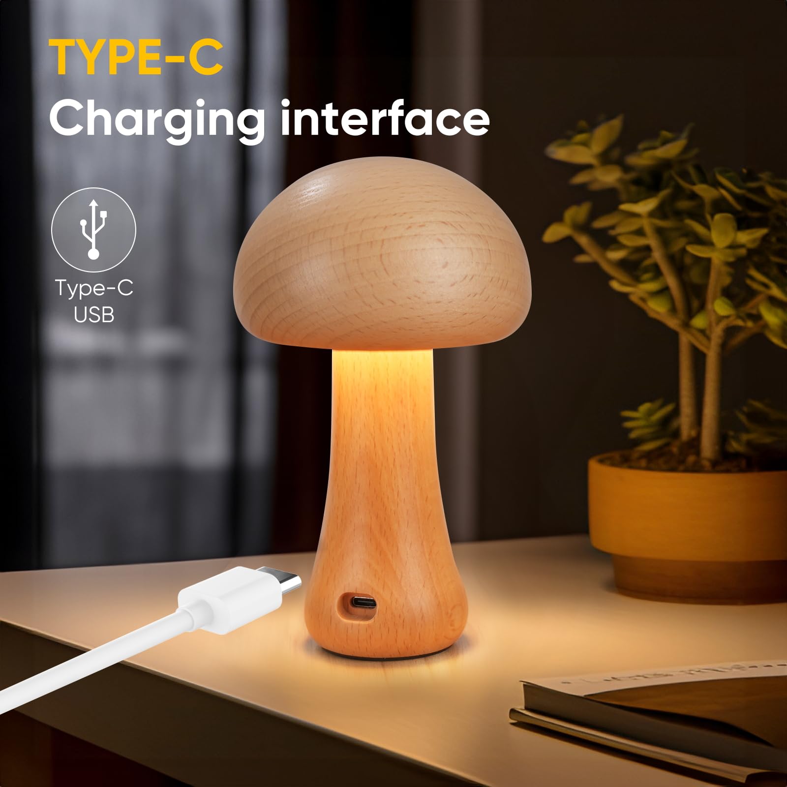 Lonrisway Small Wood Mushroom Lamp, Led Cordless Bedside Touch, Portable Dimmable Battery Mushroom Lamp For Bedroom Nightstand