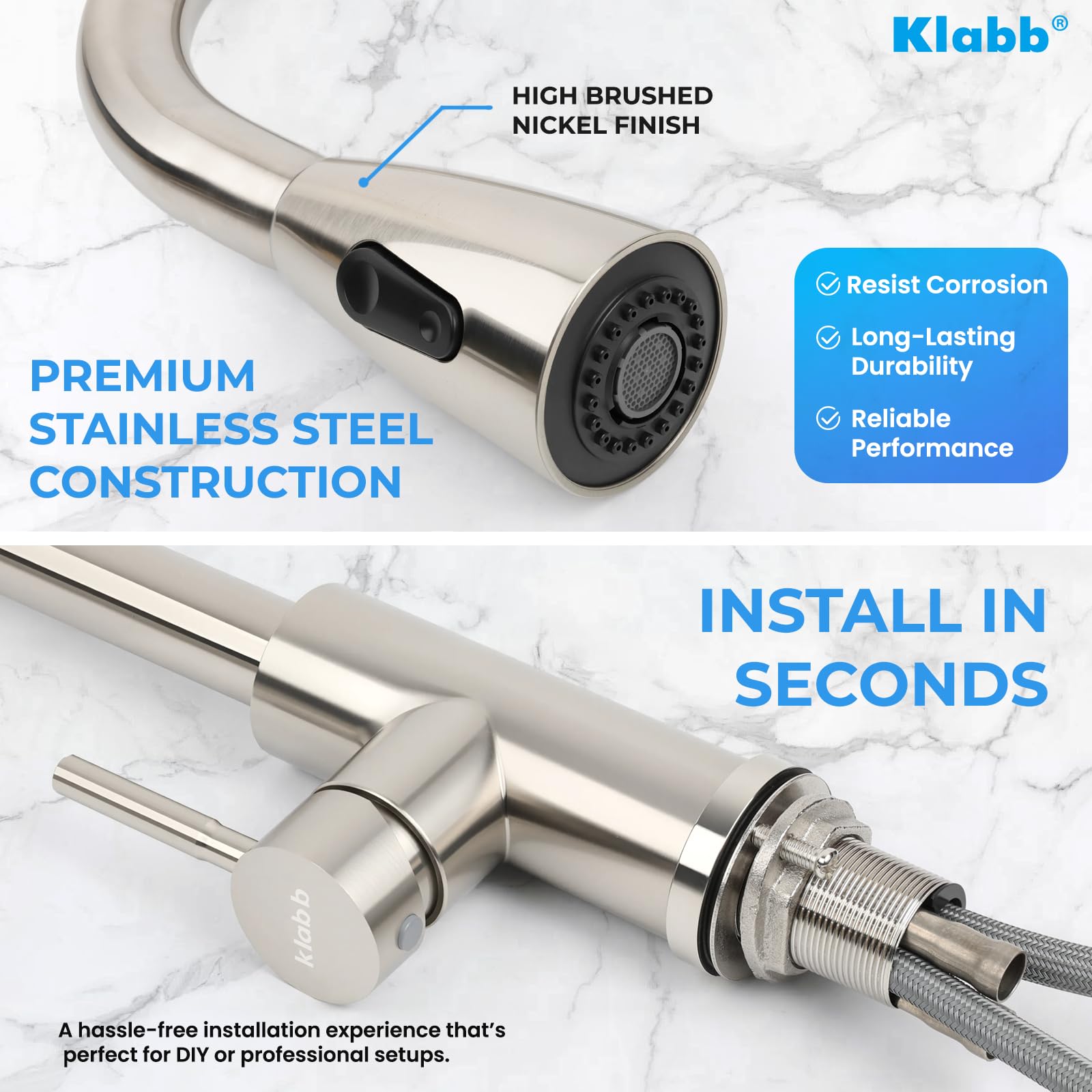 Klabb Stainless Steel Faucet Single Handle High Brushed Nickel Pull Out Kitchen Faucet,Single Level Stainless Steel Kitchen Sink Faucets With Pull Down Sprayer