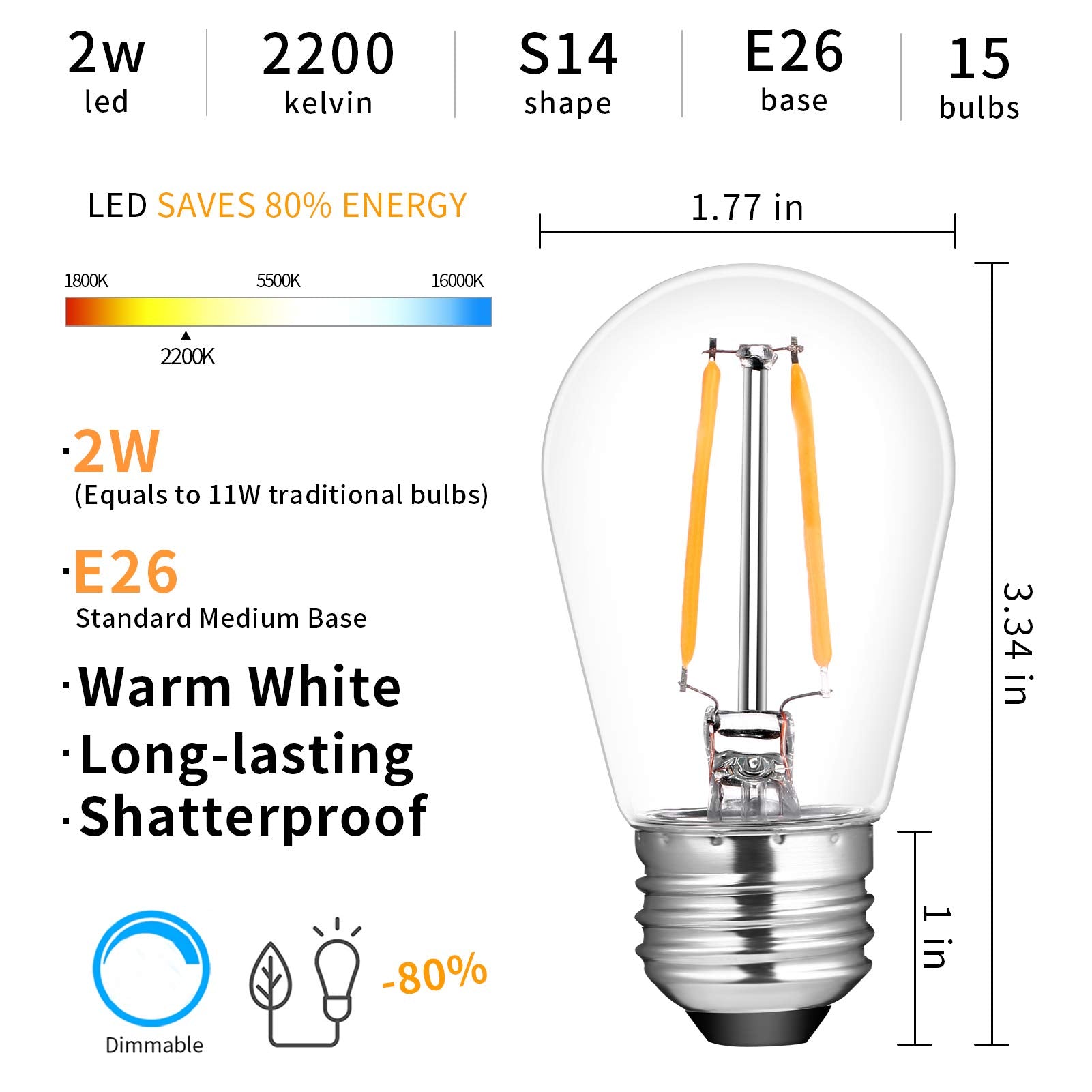Ecovania  Ip65 Waterproof Outdoor String Light Bulbs, 2W Led S14 Replacement Shatterproof Plastic Edison Light Bulbs, 130V E26 Medium Base, 2200K Warm White, 11 Watt Equivalent, Clear, 15 Pack