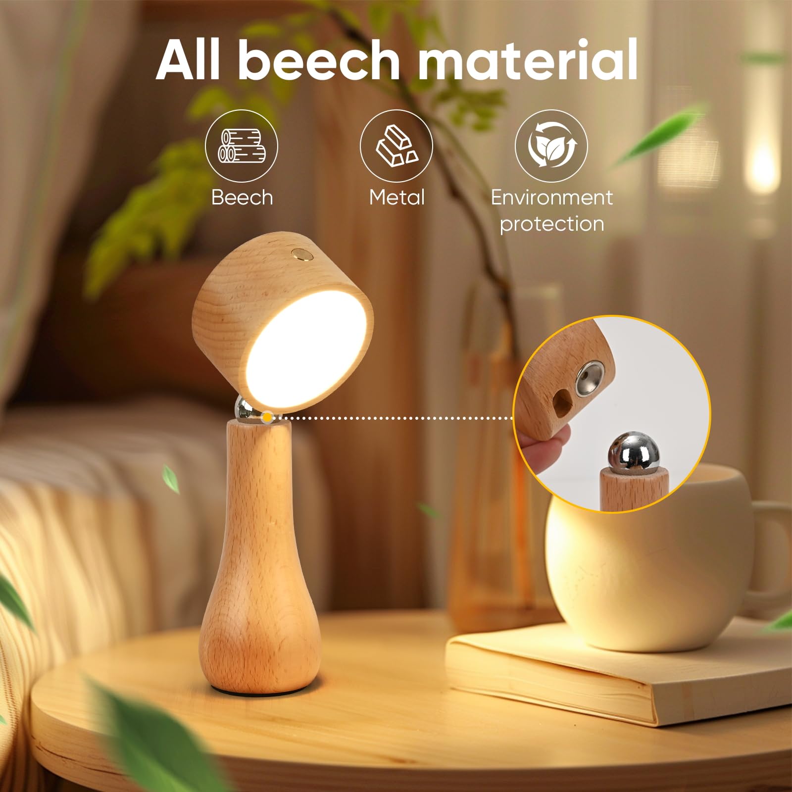 Moroommt Wooden Small Bedside Table Lamp, Portable Touch Switch Cordless Lamp, Rechargeable Battery Operated Desk Lamps For Bedrooms, Stepless Dimming, 360° Rotate Magnetic Ball, Night Light For Birthday