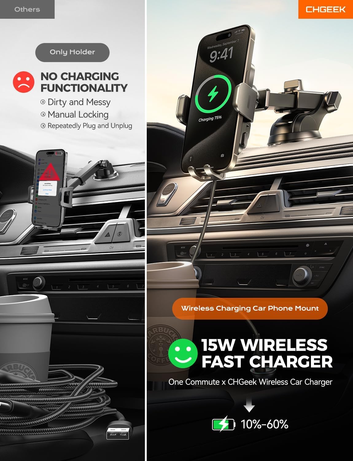 Chgeek Wireless Car Charger Phone Holder Mount, 15W Fast Charging Auto Clamping Phone Holders For Your Car Dashboard Windshield Air Vent Car Accessories For Iphone, Samsung Galaxy, Google Pixel Etc