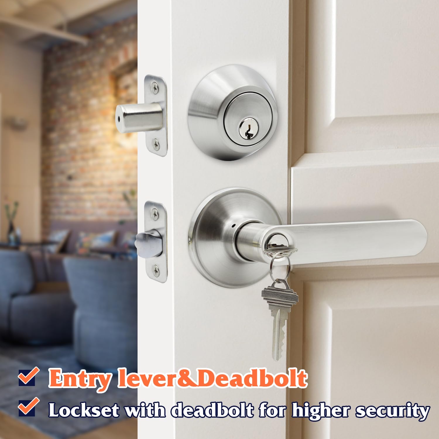 Solidware Entry Door Lock Set And Single Cylinder Deadbolt Combo,Keyed Alike Combination Sets Locksets, Satin Nickel Front Door Handle And Deadbolt Set (2 Pack)