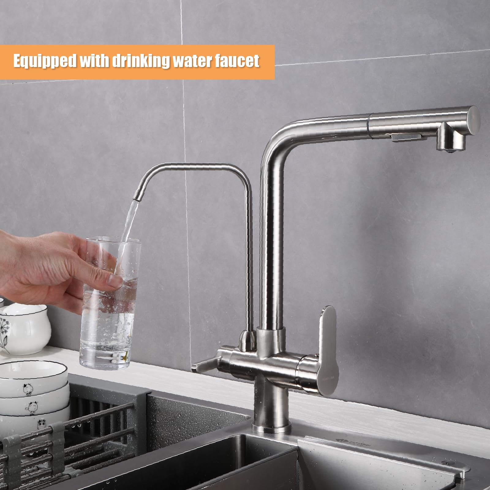 Piiripple 3 In 1 Water Filter Purifier Faucets,Kitchen Sink Faucet With Pull Down Sprayer 2 Handle,Brass Drinking Water Faucet,Brushed Nickel