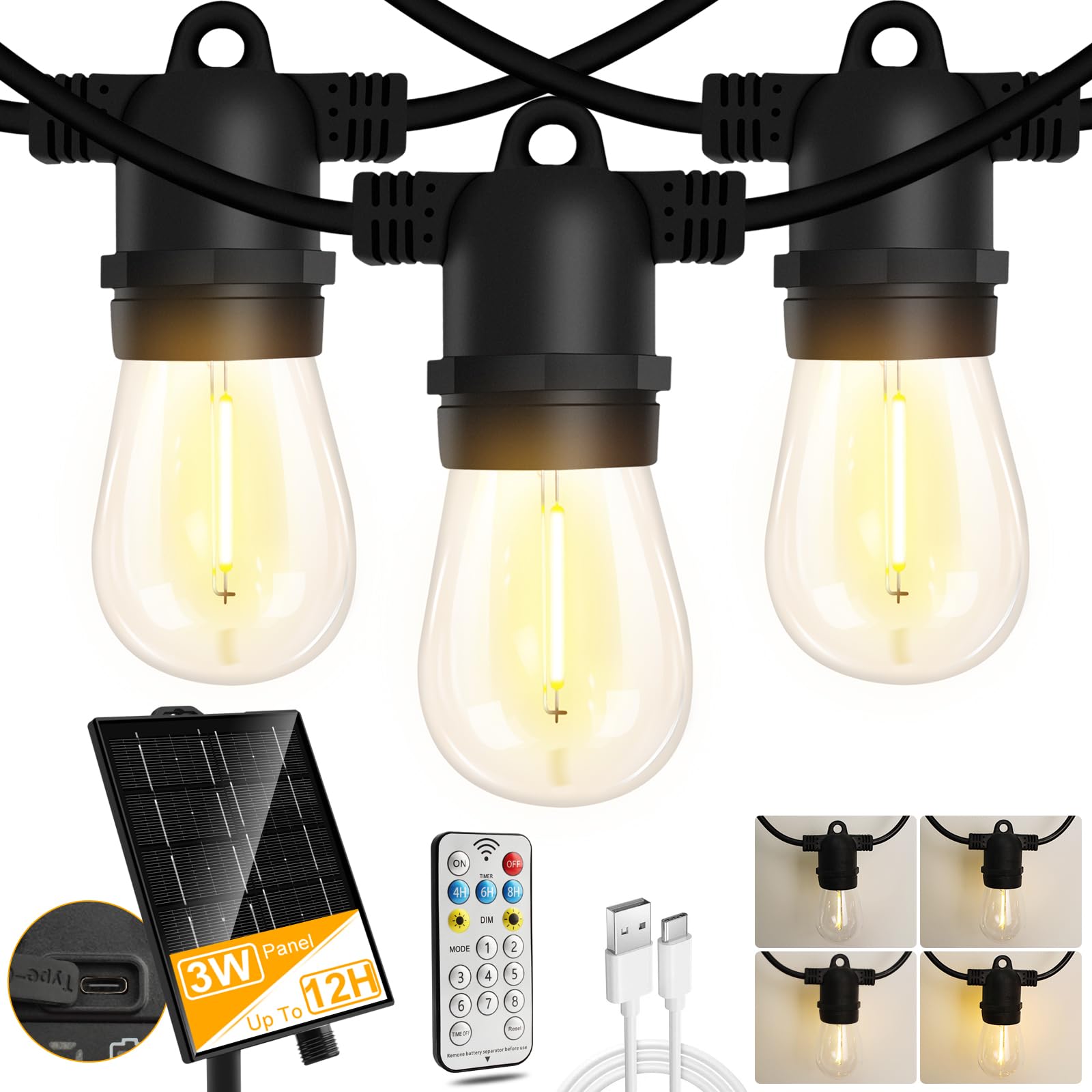 Yoyonacy 50Ft Solar String Lights - Outdoor Waterproof 15+1 S14 Led Bulbs, Remote Controlled Timer, Dimmable 8 Modes, Usb Port, Solar Lights For Outside, Patio, Yard, Balcony, Camping