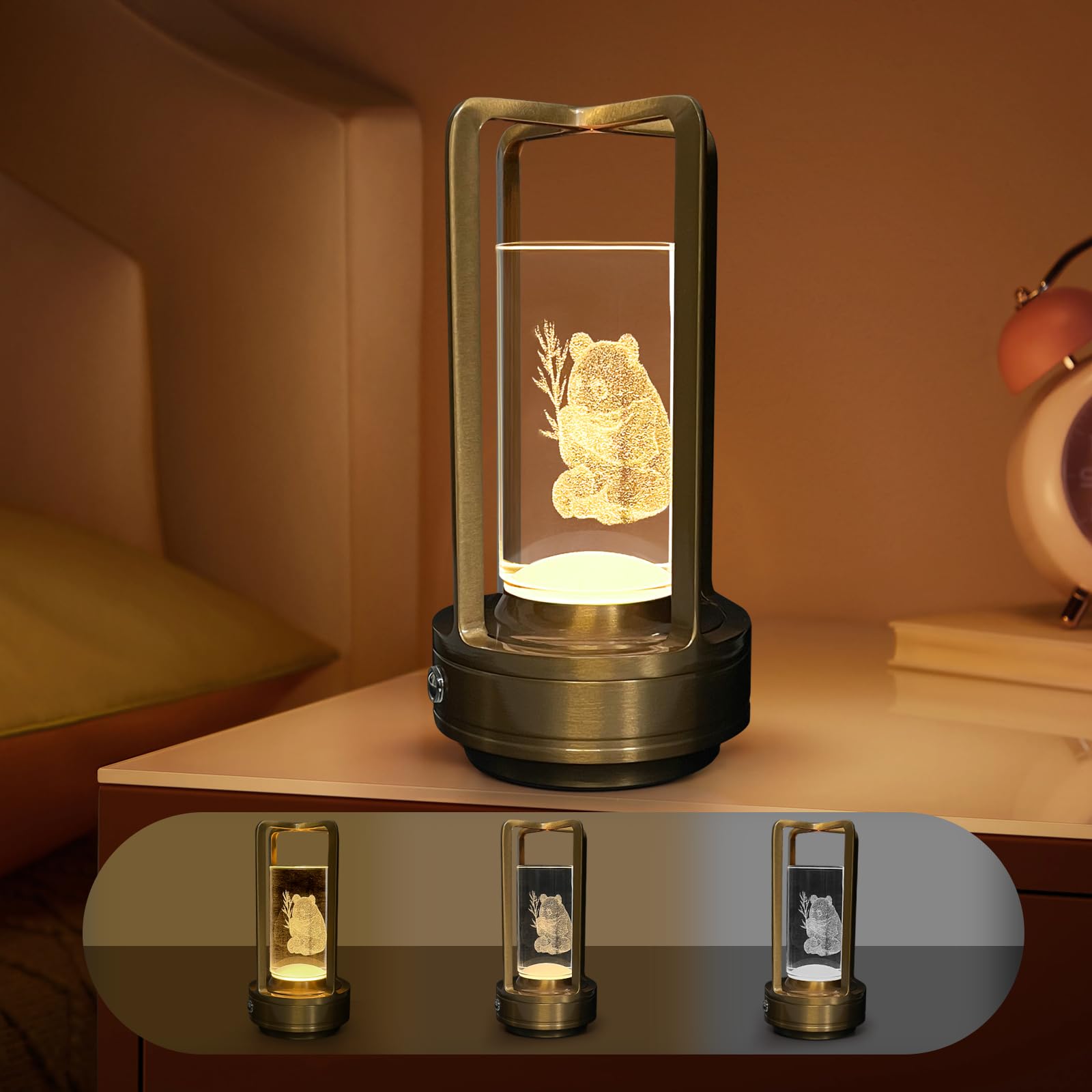 Amomket 3D Panda Projection Table Lamp - Rechargeable Cordless Night Light With Touch Control, 3 Color Modes Ambient Lighting For Bedroom Desk Nightstand (Portable Mood Lamp For Kids Adults)
