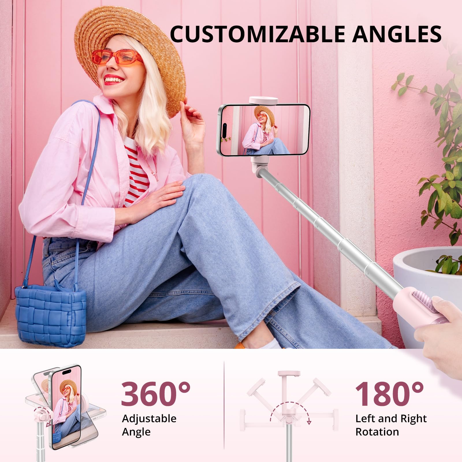 Atumtek 55" Selfie Stick Tripod, All-In-One Extendable Aluminum Phone Tripod With Rechargeable Bluetooth Remote For Iphone, Samsung, Google, Lg, Sony And More, Fitting 4.7-7 Inch Smartphones, Pink