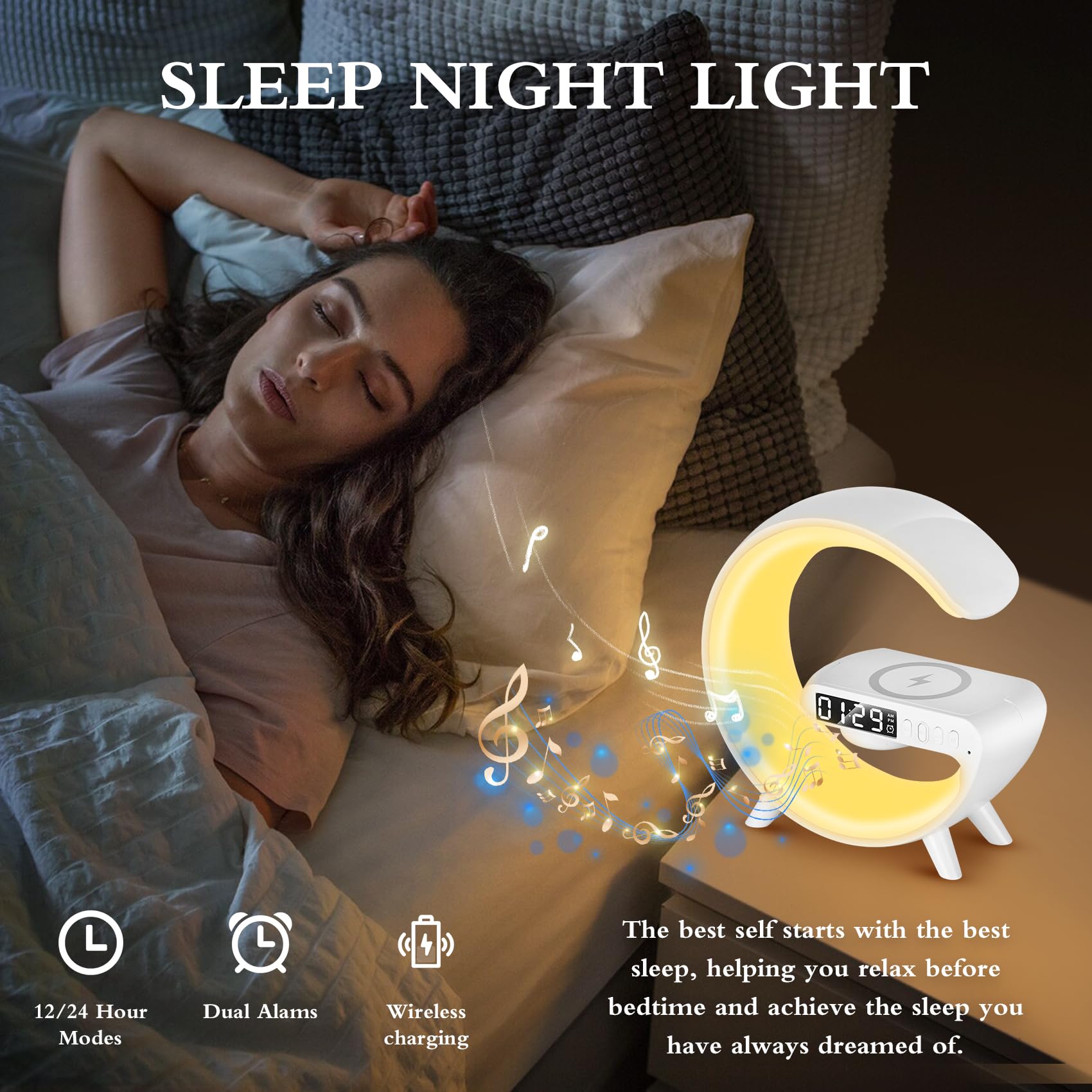 Lawyuan Wireless Speaker With Alarm Clock Night Light Led Lamp With Charger, Mini G Atmosphere Lamp With Bluetooth Speaker, Night Light Lamp Sunrise Alarm Clock, Smart Light Sound Machine For Bedroom (Black)
