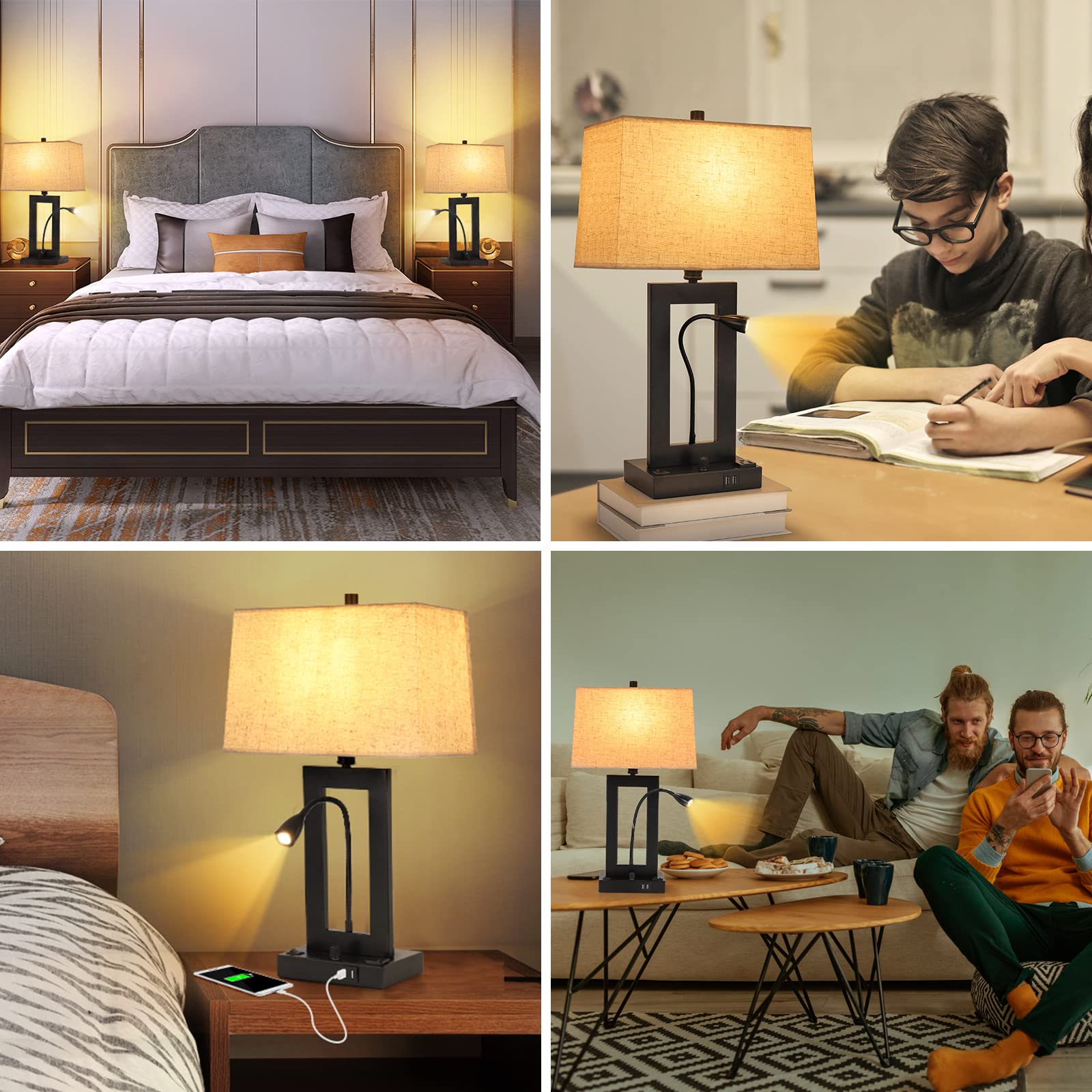 Trlife Table Lamp With Usb Charging Ports And Ac Outlet, Fully Dimmable Modern Nightstand Lamp With Fabric Lampshade For Reading Living Room Office, Attached A Led Gooseneck Spotlight(Bulb Included)
