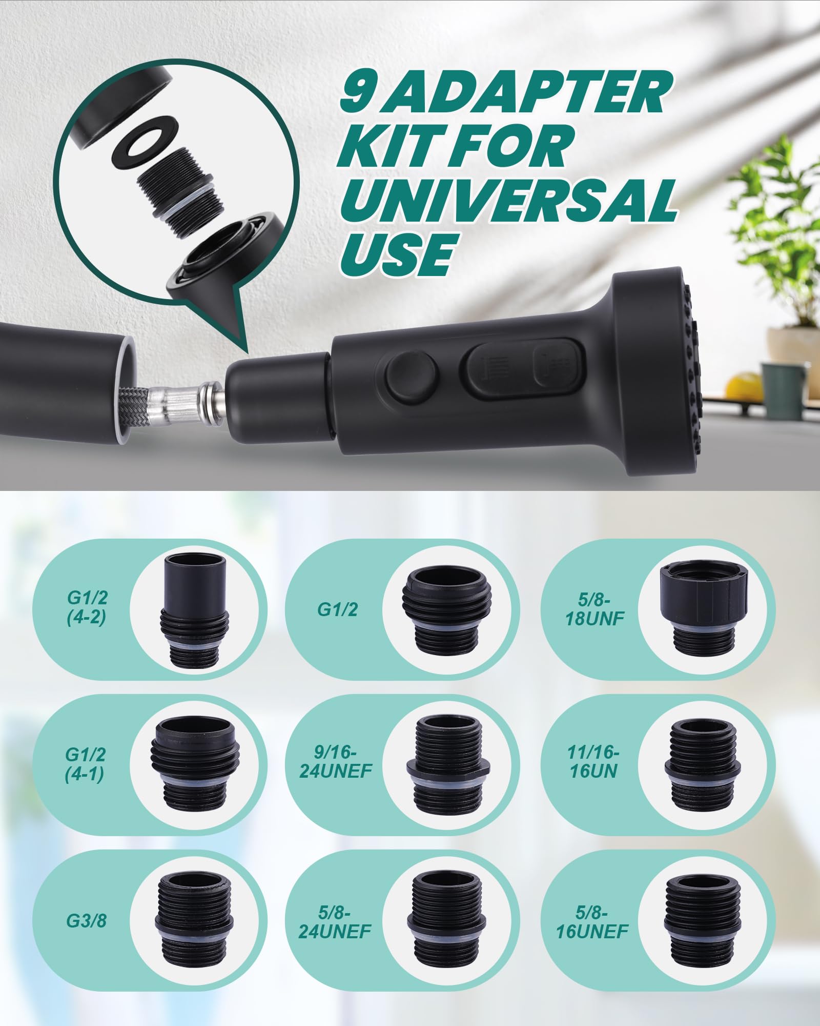 Arcora Pull Down Faucet Head Replacement: 3-Function Kitchen Faucet Sprayer Head Replacement With 9 Adapters - Matte Black Sink Faucet Head Compatible With Moen, Delta, American Standard Faucets