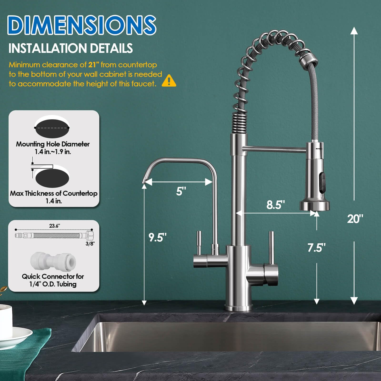 Rovogo Kitchen Sink Faucet With Filtered Water Dispenser And Pull Down Sprayer, Dual Handle Single Hole Stainless Steel Spring Faucet, Brushed