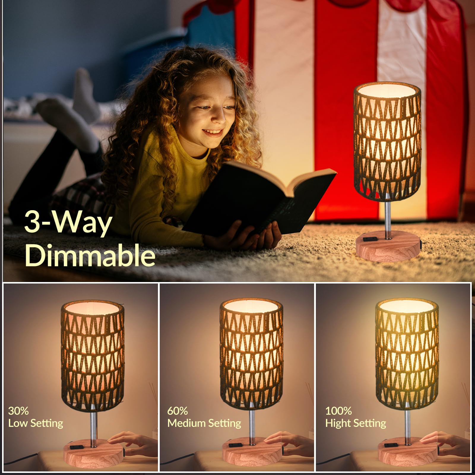 Ruhaieba Touch Table Lamp For Bedroom, 3 Way Dimmable Bedside Lamp With Usb C+A Ports And Linen Shade, Small Lamps For Night Stands Living Room Office, Led Bulb Included (Rattan Linen)